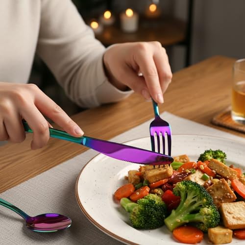 Image of 24 Pcs Rainbow Mirror Polish Stainless Steel Cutlery Set for Dining Table with Spoons and Forks Set + Butterknives - The Perfect Tableware /Flatware