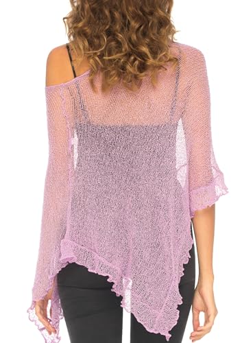 Image of SHU-SHI Women's Sheer Knit Poncho Shrug Lightweight Asymmetrical Ruffle Wrap Dressy Summer Shawl Cover Up Top