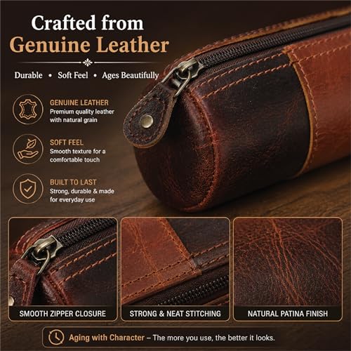 Image of Genuine Leather Pencil Pouch, Handcrafted Zipper Organizer Case with Wrist Strap, Durable Multi-Purpose Storage for Stationery, Travel & Accessories, 8 x 2.5- Brown