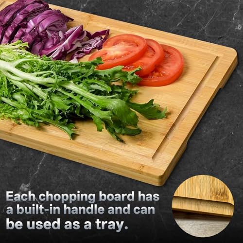 Set de 3 tablas de cortar Premium de bambú para cocina – bloques de corte rectangulares duraderos con ranuras profundas para jugos y asas integradas, perfectos para carne, verduras y charcutería miniatura 4
