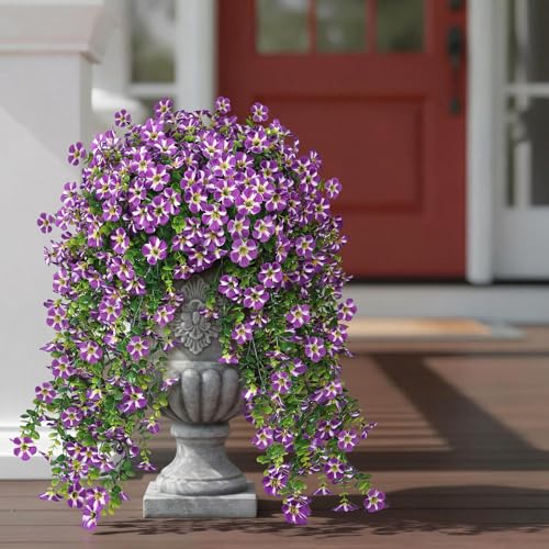Image of 4 Bundles 29.5 inch Artificial Hanging Silk Flowers for Front Door(Purple) | Realistic Fake Morning Glory Flowers with Faux Eucalyptus, for Eave Porch Yard Garden Patio Balcony Home Outdoor Decoration