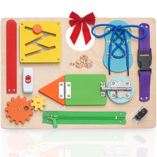 Image of deMoca Sensory Busy Board for Toddlers, Premium Wooden Toddler Busy Board for 1 2 3 Year Old with 10 Educational Activities for Fine Motor Skills, Fidget Activity Toy for Travel Toy