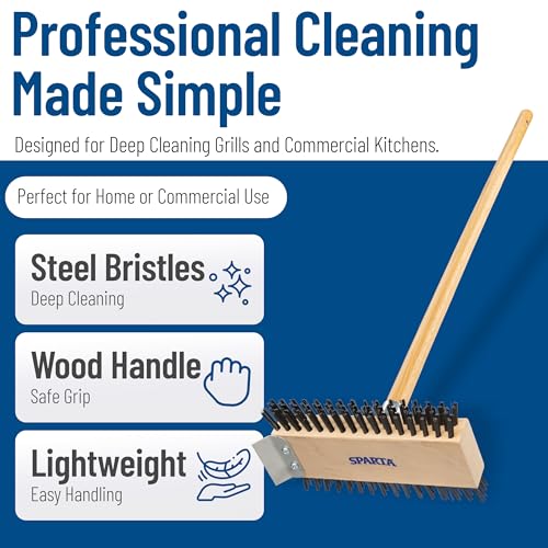 Image of SPARTA 4002600 Stainless Steel Grill Brush, Grill Scraper With Long Handle For Commercial Cleaning, Kitchens, Restaurants, Bathrooms, 30 Inches, Brown