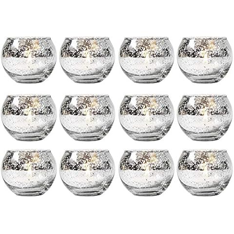 12 Stück Runde Quecksilber Votive Kerzenhalter - Aus Quecksilberglas Mit Einem Gesprenkelten Silber Finish Cover