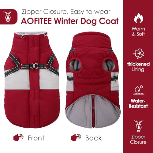 Image of AOFITEE Dog Winter Coat, Dog Coat with Harness Built in, Dogs Jacket for Large Dogs, Reflective Waterproof Pet Puffer Jacket Snowsuit, Warm Fleece Windproof Pet Sweater for Cold Weather, XL