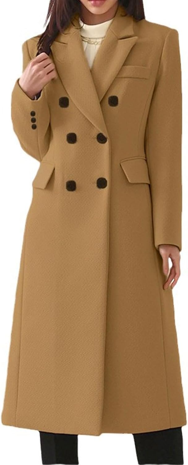 CHARTOU Women Winter Notched Collar Mid Long Trench Coat Wool Jacket Warm Double Breasted Pea Coat Overcoat