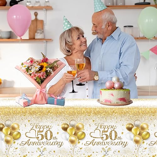 Image of Happy 50th Anniversary Table Cloth,50 Year Anniversary Decorations 3Pcs White and Gold Tablecloth Waterproof Rectangular Table Cover for 50 Year Old Birthday Party Supply
