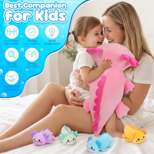 Image of 5 PCS Axolotl Plush Stuffed Animal Family-Axolotl Plush Toys 18.6 inch Large Pink Axolotl Mommy Plushies with 4 Baby Plushie Toy for Kids, Kawaii Body Pillow Christmas Birthday Gifts for Kids Boys Girls