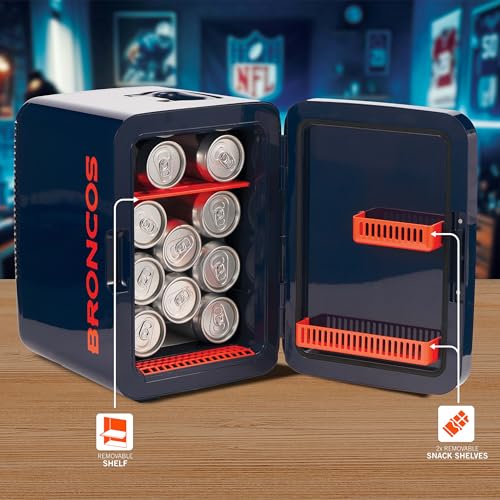 Image of Ukonic NFL Denver Broncos 15-Can Mini Fridge 10L - AC /DC Powered, Official Team Colors & Logo, Portable Cooler for Tailgates, Home, Office, or Car
