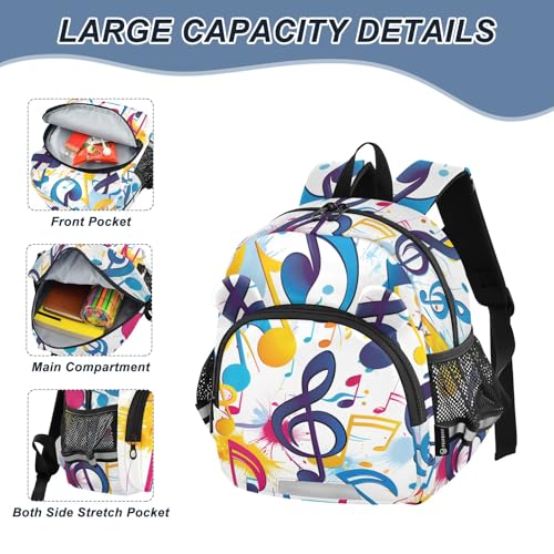 Kid's Backpack for Boys & Girls Toddler Bag Colorful Music Notes Watercolor Backpack with Safety Leash4