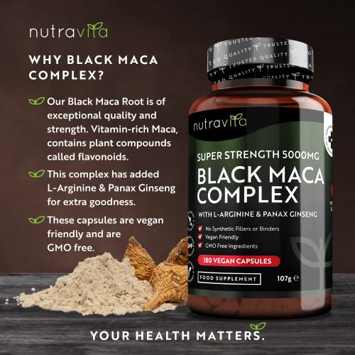 Nutravita Schwarze Maca Kapseln – 180 vegane Kapseln – 100% peruanisches Maca Schwarz 10:1 Extrak mit...