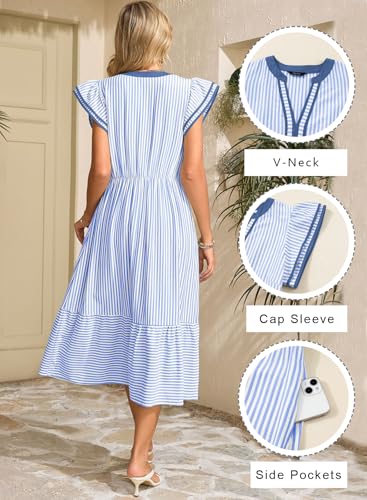 Dokotoo Womens Dresses 2026 Summer V-Neck Ruffle Cap Sleeve Empire Waist Flowy Striped Beach Midi Maxi Dress with Pockets - Image 4