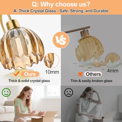Image of Bathroom Light Fixtures, 2-Light Brushed Gold Vanity Lights for Bathroom with Ribbed Amber Tulip Glass Shade, Vanity Lights Over Mirror for Bedroom, Living Room, Hallway