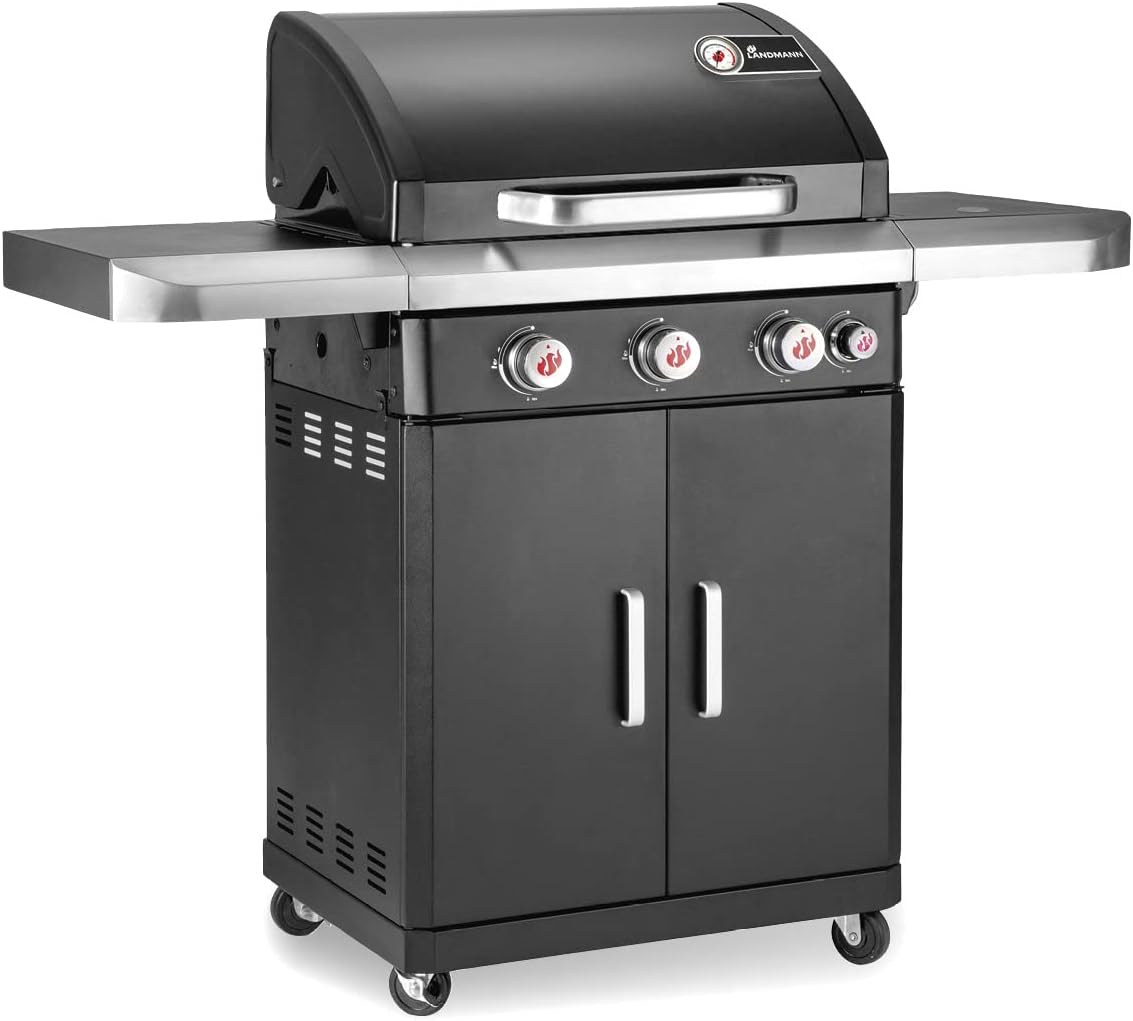 Landmann Rexon PTS 3.1 Barbecue a gas | 3 bruciatori in acciaio inox regolabili in modo continuo | Coperchio a doppia parete con termometro integrato, griglia smaltata