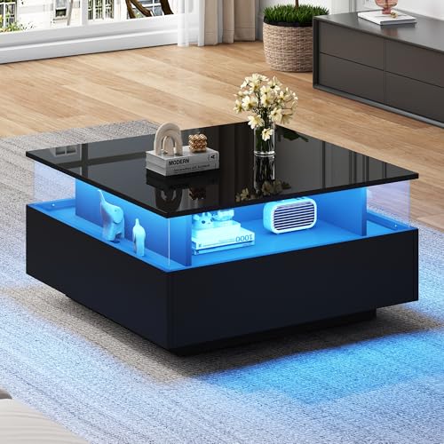 BTM Table Basse Carrée LED par APP, 29 Styles Dynamiques, Tiroirs et Compartiments, Coffee Table Salon Moderne, 70 x70x41cm, Noir
