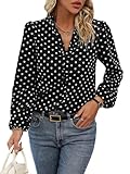 SweatyRocks Women's Polka Dots Long Lantern Sleeve Blouses V Neck Ruffle Trim Front Shirt Tops Black and White Large