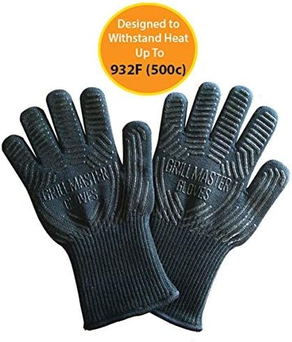 Grill Glove Set of 2 - Grill Gloves Heat Resistant Extreme BBQ Gloves Oven Gloves Rated to 932f - Ideal Grilling Gloves by Grill Master (Black)