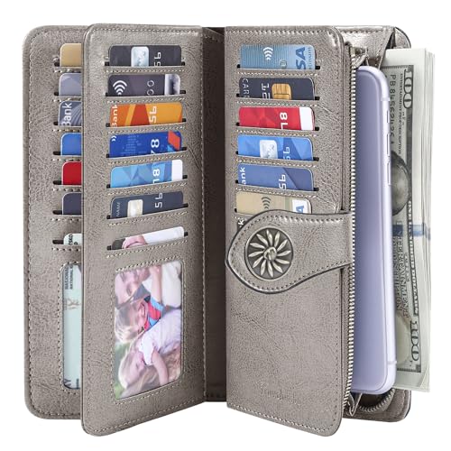 Image of Travelambo Women's Wallet RFID Blocking Credit Card Holder Large Capacity Wristlet Leather Wallets Purse, Light Grey, 7.5 inch x 4.1 inch x 1.3 inch, Retro