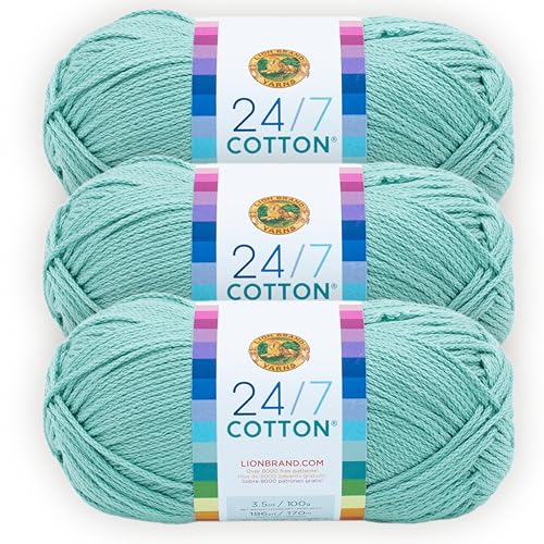 Image of Lion Brand 24 /7 Cotton Yarn, Yarn for Knitting, Crocheting, and Crafts, Succulent, Pack of 3 | Light Worsted 100% Mercerized Cotton Yarn for Crochet, Knitting, Craft, 185 Yards of Natural Fiber for Tees, Bags, Dishcloths