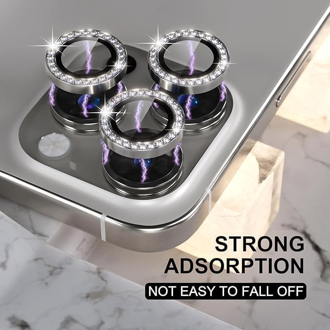 Image of Compatiable with iPhone 16 Pro / 16 Pro Max Camera Lens Protector Ring - Diamond Design | 9H Tempered Glass | HD Clear | Anti-Scratch | Anti-Drop Natural Titanium Diamond