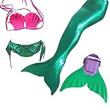 3Pcs Set Kids Girls Mermaid Tail Swimming Bikini Set Swimwear Mono Fin Swim Set (130(9~10 Years),Pink Top+Panties+Green Mermaid Tail+Monofin)