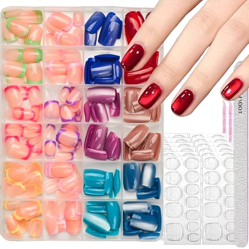 Image of 288 Pcs Short Square Press on Nails Glitter Fake Nails French Tip Nail Press ons 12 Color with Design Glossy Full Cover Easy Apply Manicure Kit for Women