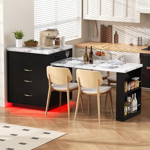 Yihomfy îLot De Cuisine sur roulettes, Table à Manger Extensible avec éClairage LED, Table Multiprises, Sert D'îLot De Buffet Ou De Table De Bar pour La...