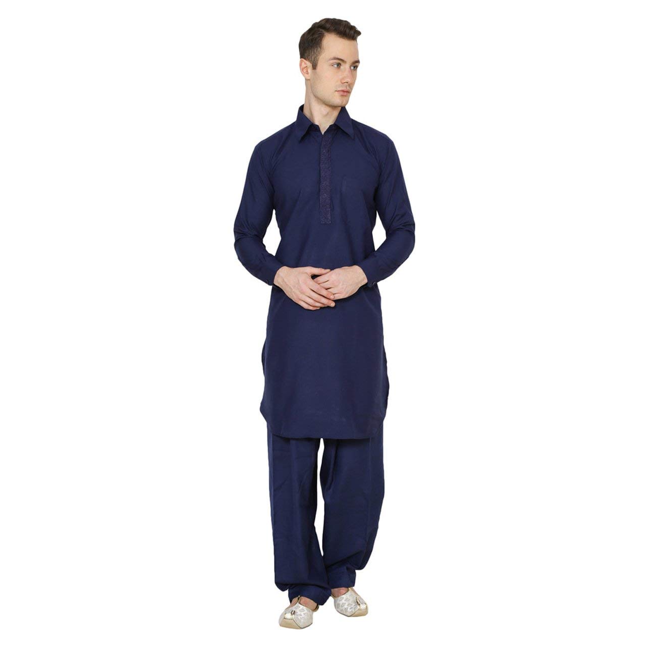 RoyalMen's Indian Traditional Festive Polycotton Embroidered Pathani Suit Blue