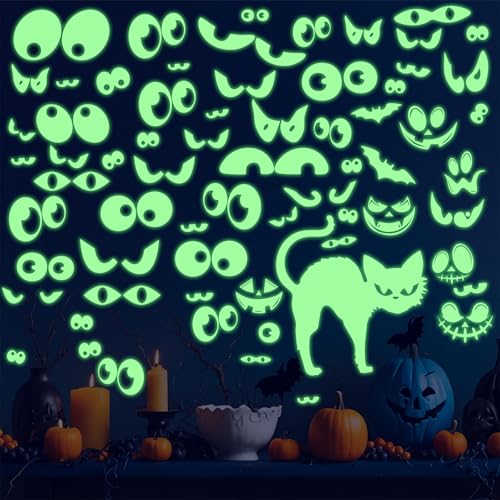 Halloween Glow in Dark Wall Stickers Spooky Eyes Glow in The Dark Stickers Luminous Eye Decals Halloween Glow Cats Window Decals Funny Pumpkin Face Decals for Craft Ornament Glass Cup Water Bottle