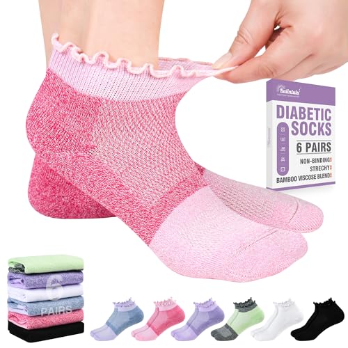 Bulinlulu Low Cut Diabetic Socks for Women 6 Pairs Non Binding Diabetic Ankle Socks for Women Size 9-11| Ruffle(Medium Bright)