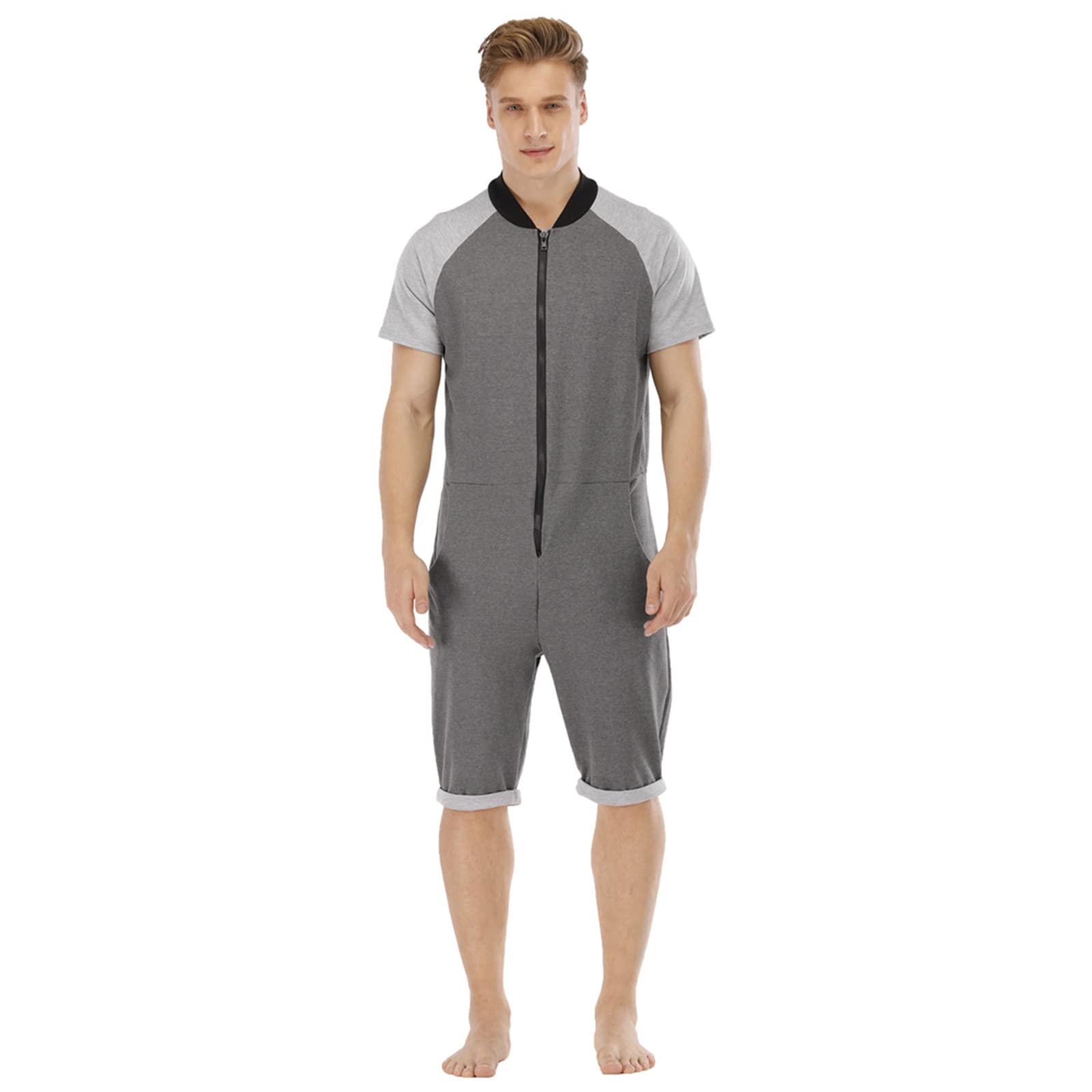 Pijama Corto Hombre Verano Una Pieza Pijamas Mono Entero con Capucha Manga Cortas Verano Jumpsuit Adulto Onesie Ropa de Casa Dormir