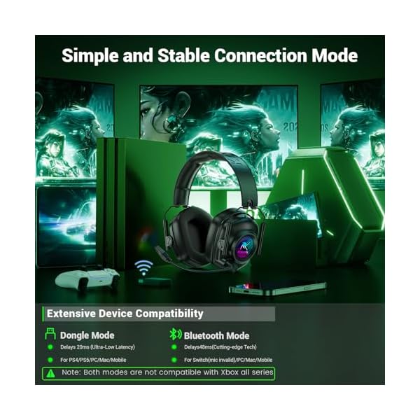 Krysenix Wireless Gaming Headset for PS5, PS4, PC, Switch, Mac, 2.4 GHz Wireless & Bluetooth 5.4 Gaming Headphones with Mic Noise Canceling, Gaming & Music Dual Mode, Foldable, 40H Battery - Image 8