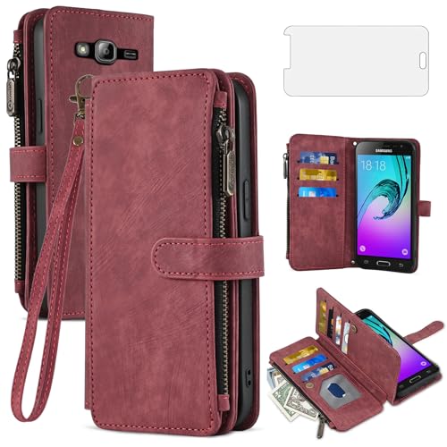 Asuwish Phone Case for Samsung Galaxy J3 2016/J 3 V/J36V/Sky/Amp Prime Wallet Cover and Tempered Glass Screen Protector Flip Credit Card Holder Stand Cell Sol J3V JV3 J36 6 J320V J320A Women Men Red