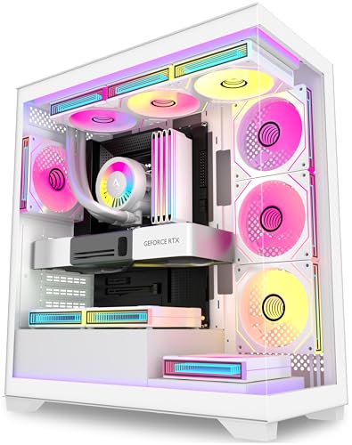 ANSAITE Boîtier PC ATX 7 Ventilateurs PWM ARGB pré-installés, Boîtier PC Gaming Mid-Tower, Boîtier Informatique panoramique en Verre trempé avec Type-C, Support de radiateur 360mm,Blanc,C9