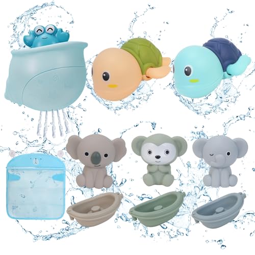 Fenarid Jouet Bain Bébé – 3 Bateaux Silicone + Tortues Nageuses + Crabe Fontaine + Filet Rangement Jouet Bain – Jeux Bain Bébé sans BPA – Marque Française