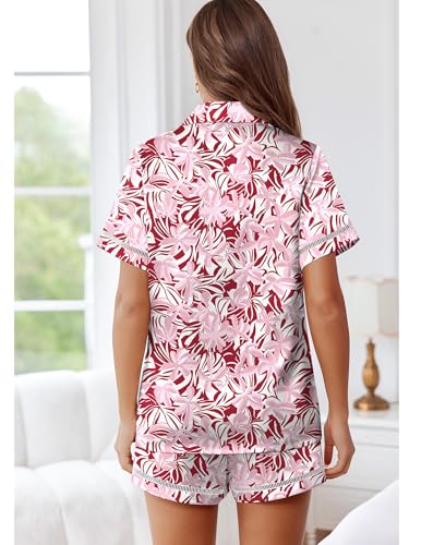 Image of Ekouaer Womens Silk Pajama Sets Button Up Satin Pjs Short Sleeve 2 Piece Pj Sets Cute Lounge Sets with Chest Pocket