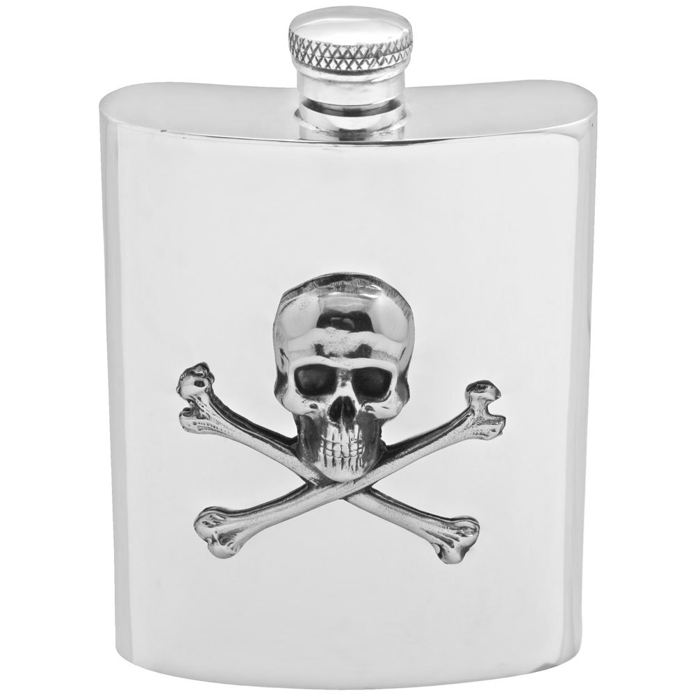 English Pewter Company 6oz Pewter Hip Flask with Poison Skull and Cross Bones. Personalised with Free Engraving [SF670]