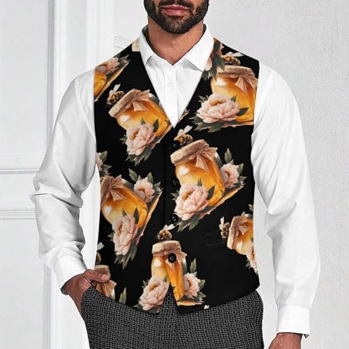 Bee Peonies Flowers Men's Suit Vests Business Formal Dress Vest V-Neck Waistcoat for Wedding Casual2