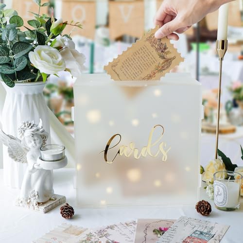 Image of OurWarm Acrylic Wedding Card Box with String Light, Frosted Gift Card Box for Wedding Decorations for Reception, Money Box for Bridal Shower Decorations Party Reception Anniversary