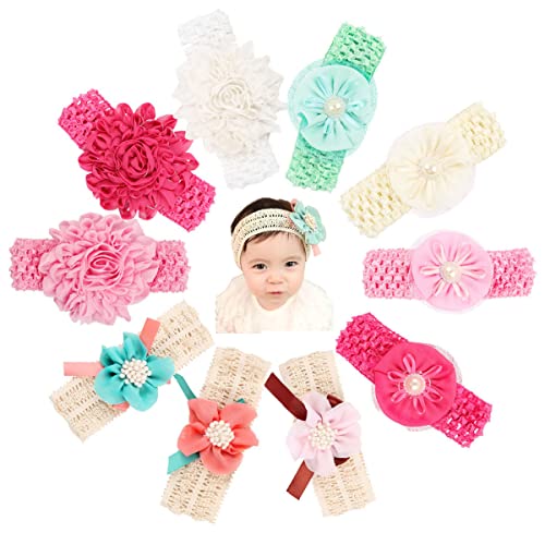 Image of Misgirlot 10Pcs Chiffon Big Flower Headbands for Baby Girls Soft Stretchy Flower Baby Headbands Multi-Colored Pearl Flower Headbands for Baby Girls Infants Newborns Toddlers(Random Colors)
