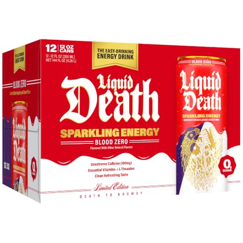 Image of Liquid Death Sparkling Energy - Blood Zero (Raspberry Cream), Zero Sugar Energy Drink, Unextreme Caffeine 100mg, Essential Vitamins, 12 Fl Oz (Pack of 12)