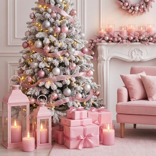 Image of Homemory Pink Glass Flameless Candles, Battery Operated LED Pillar Candles with Remote & Timer, Real Wax Flickering Candles, Romantic Decorative Lights for Home Wedding Party, Set of 3