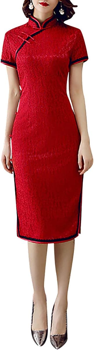 Women's Floral Lace Cheongsam Qipao Dress Short Sleeve Mandarin Collar Midi Sheath Dress