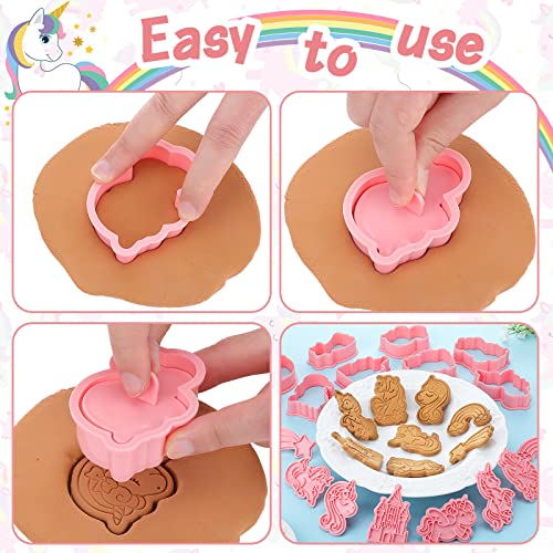 Suclain 8 Pcs Unicorn Cookie Cutters with Plunger Stamps Set Rainbow Cookie Cutters Unicorn Cracker Mold Pink Cookie Stamped Embossed Kitchen Bakeware Tool for Biscuit Fondant Party Supply