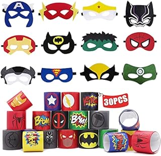 18pcs Superhero Slap Bracelet & 12pcs Adjustable Sizes Felt Masks for Party Bag Avengers Fillers, Super Heroes Birthday Party Supplies Favors for Kids Cosplay Fancy Dress Up Halloween Masquerade
