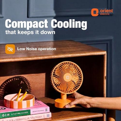 Image of Orient Electric Elfie Rechargeable Personal Fan | 90 Adjustable Airflow | 1800 mAh Battery | 4 Speed Modes | Quiet Operation | USB Type-C Charging | Compact Mini Fan | Tangerine Orange