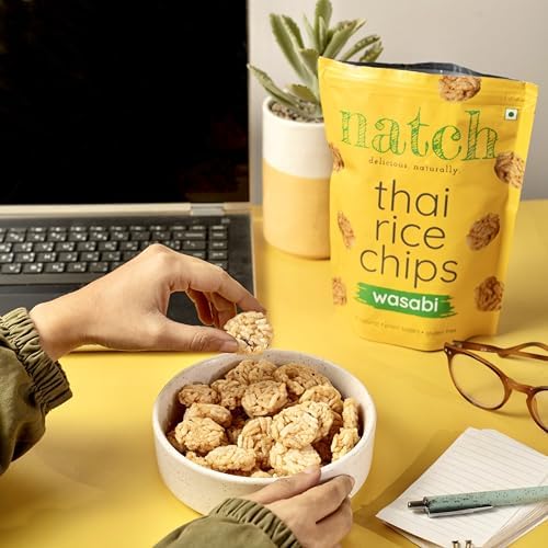 Image of Natch Thai Sticky Rice Chips, Gluten Free Healthy Snacks, Vegan, Party Family Pack, All Natural Crunchy Crackers (Wasabi) 100 Gm Each (Pack of 2)