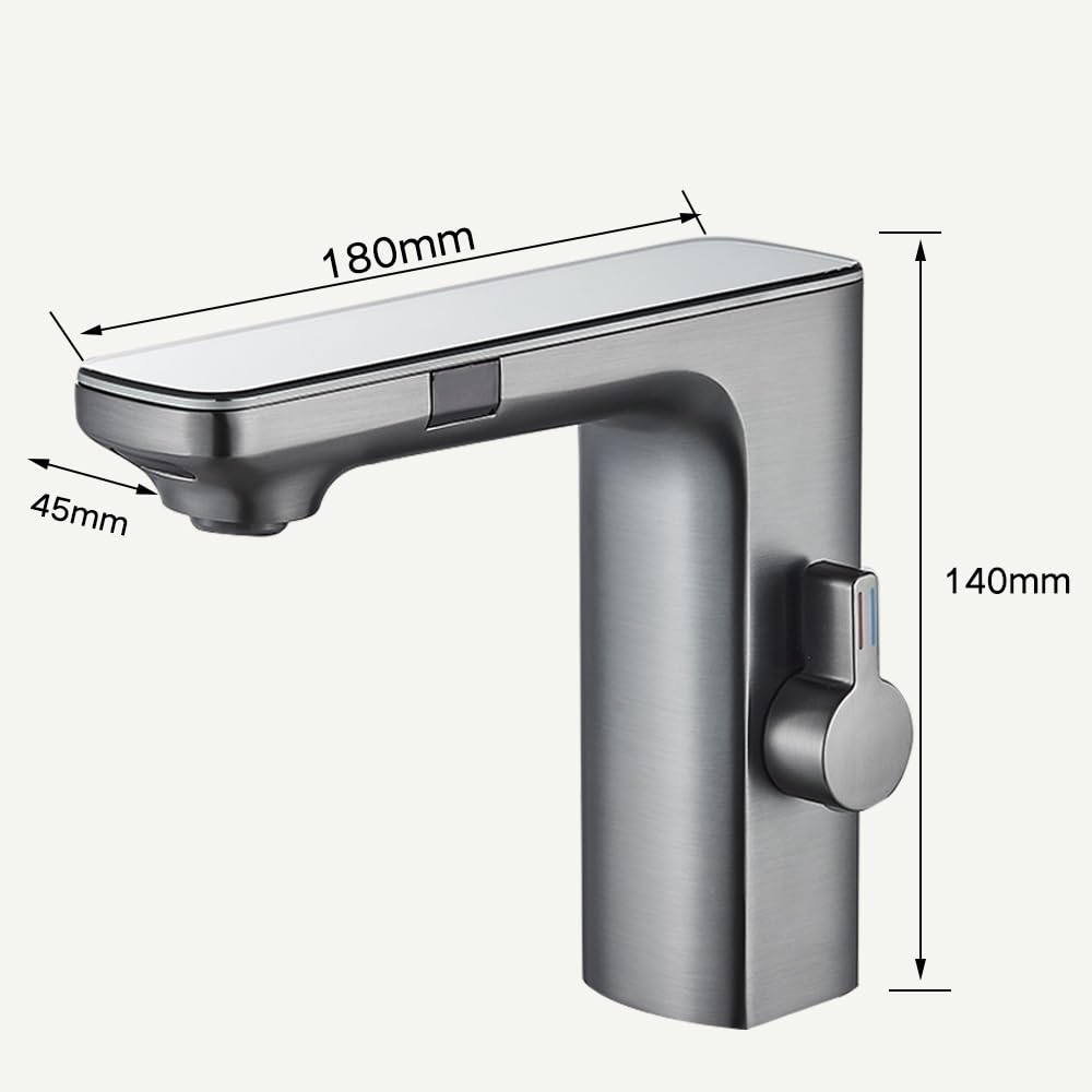 QHQQXN Rubinetto Intelligente con sensore touchless e Display Digitale - Miscelatore da Bagno in Ottone Grigio per Acqua Calda e Fredda - Rubinetto per lavabo Moderno Automatico Touch- per Maggiore