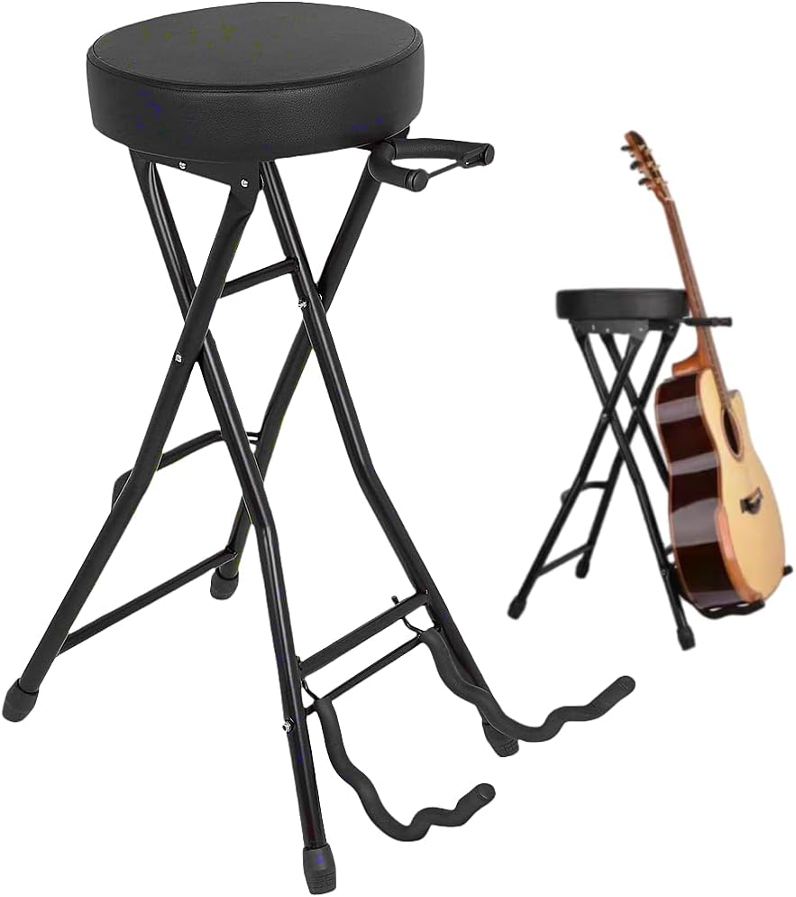 STRONGBERRY Guitar Stool & Stand Combo - 30" Padded Seat w/Built-in Cradle for Acoustic, Electric, Bass Guitars, 300lb Capacity