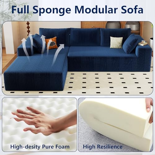 Image of 96 inch Modular Sectional Sofa, Modern Corduroy Cloud Couch with Deep Seat, Boneless Couch Upholstered 3-Seater L-Shaped Sofa for Living Room, No Assembly Required (Blue, Left-Facing Chaise)